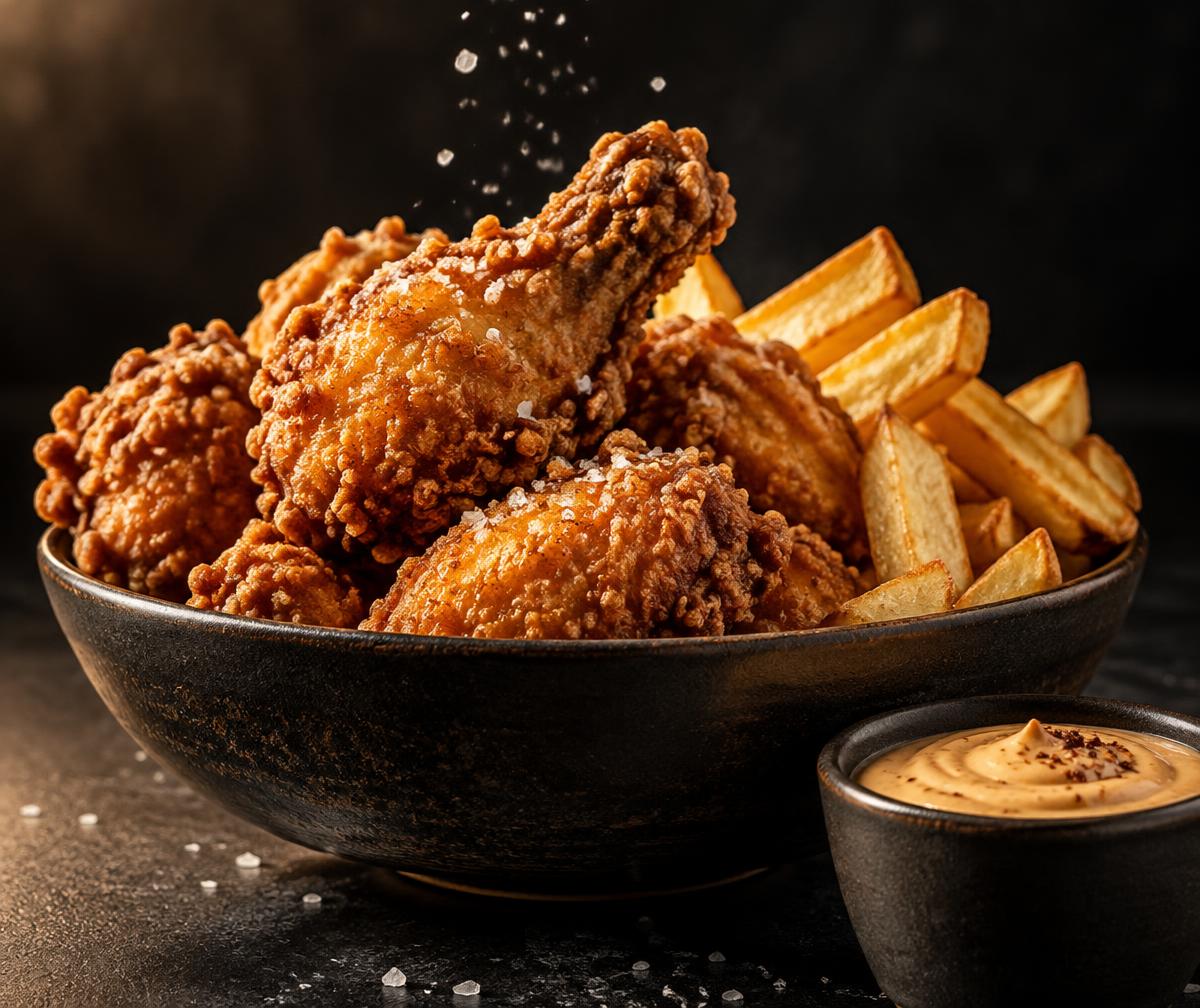 AI-created illustration of fried chicken and chips — not a photograph of Daily Shawarma's dishes