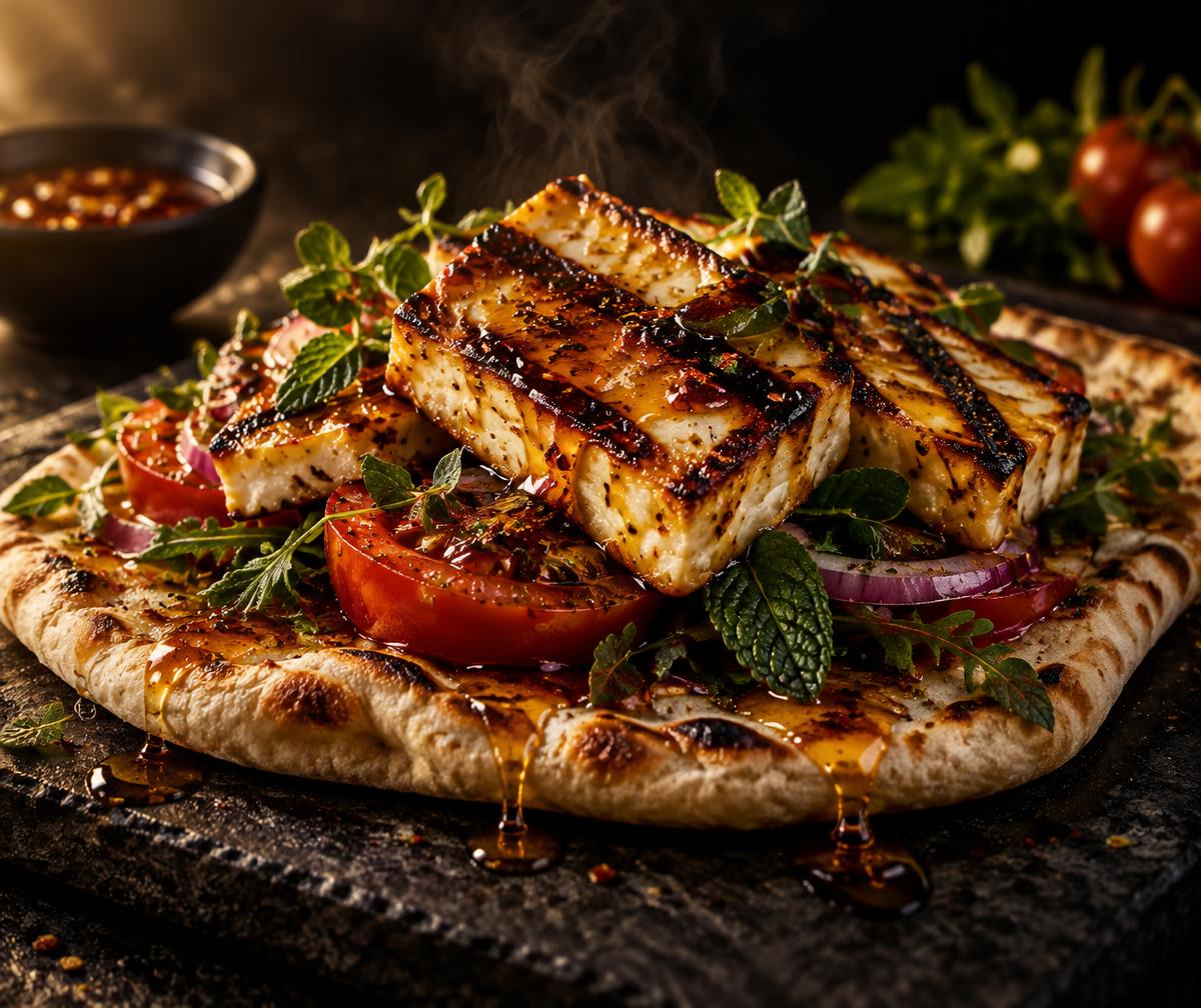 AI-created illustration of grilled halloumi on flatbread — not a photograph of Daily Shawarma's dishes