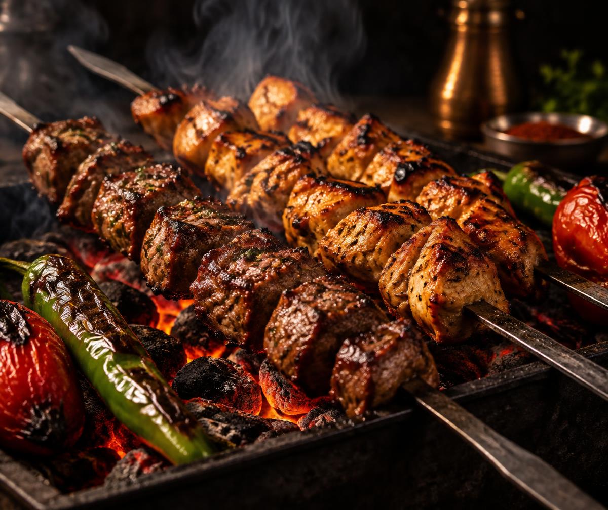 AI-created illustration of charcoal-grilled shish skewers — not a photograph of Daily Shawarma's dishes