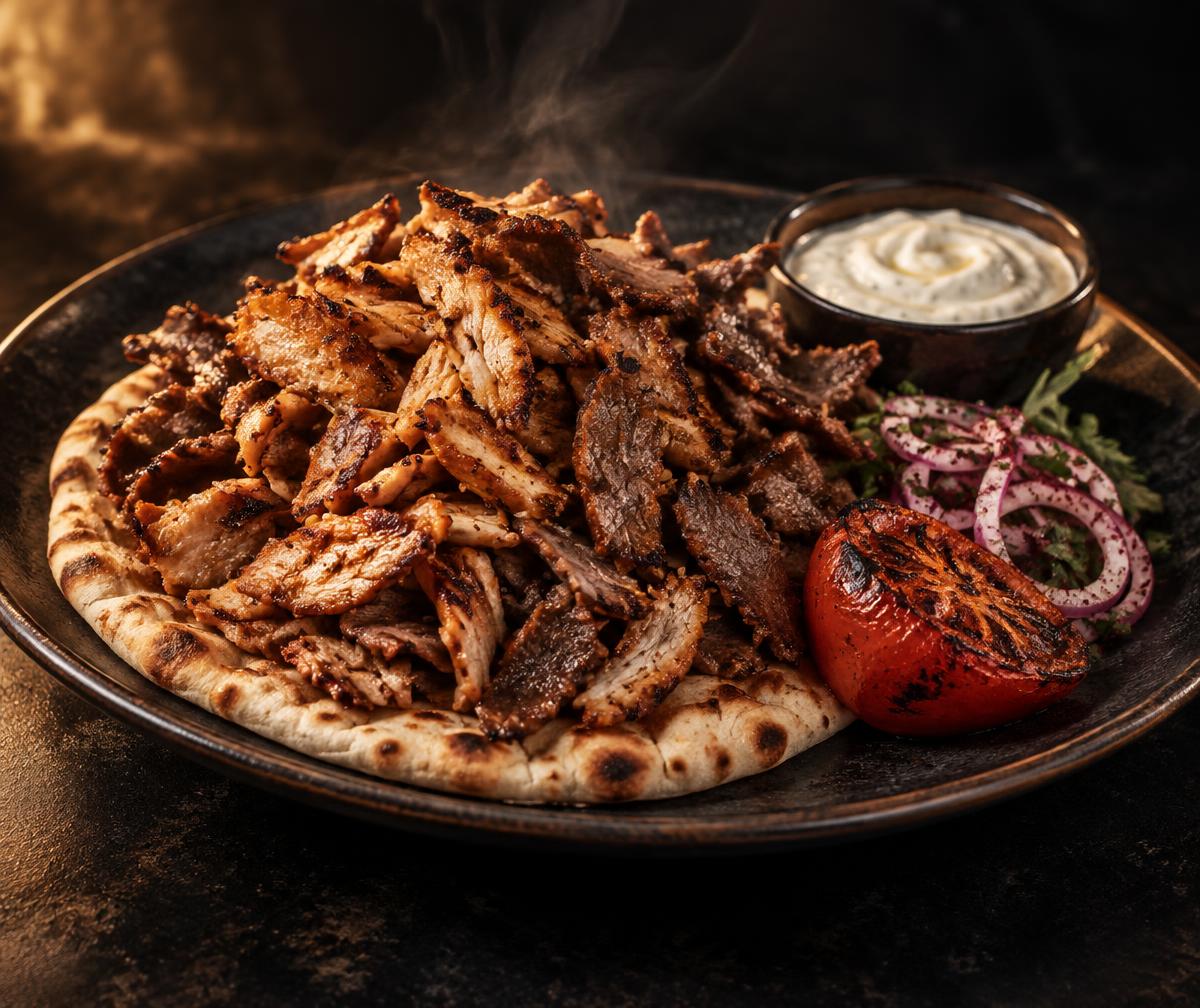 AI-created illustration of a shawarma plate with naan — not a photograph of Daily Shawarma's dishes