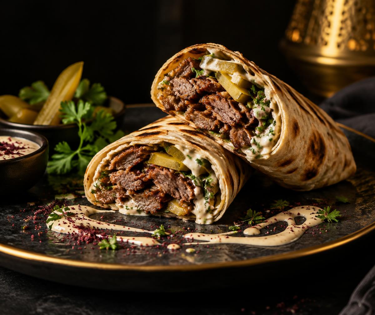 AI-created illustration of a shawarma wrap — not a photograph of Daily Shawarma's dishes