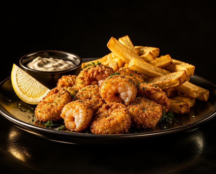 Illustration of 6 Breaded Scampi Bites & Chips