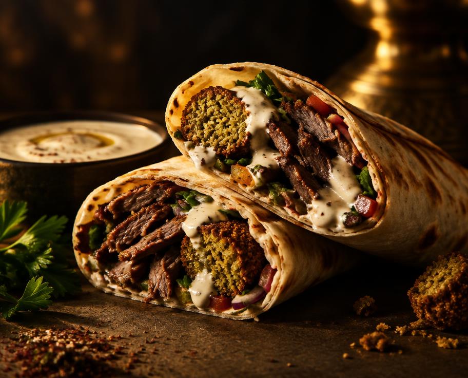 Illustration of Lamb Shawarma Falafel in Wrap